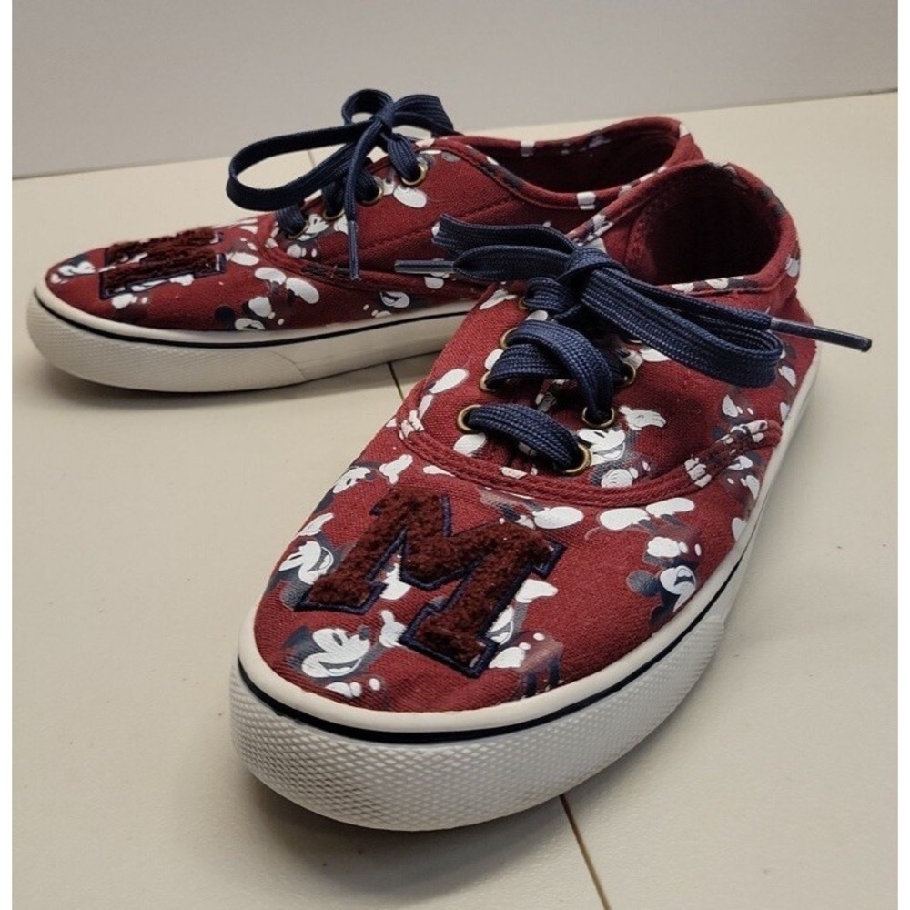 Disney Canvas Mickey Mouse Sneakers Womens Size 6 Burgundy M Patch